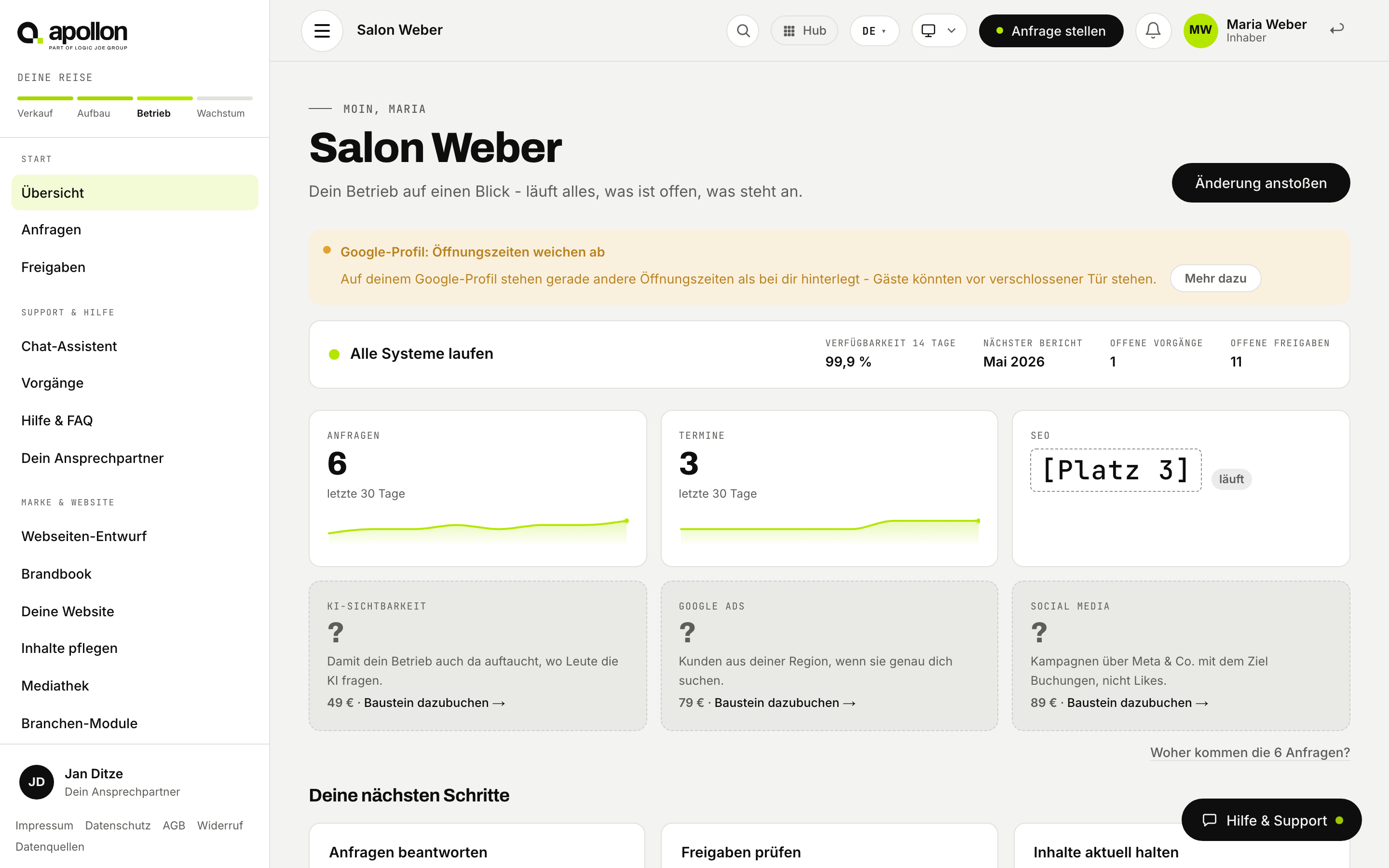 Das Apollon-Cockpit für den Demo-Betrieb Salon Weber: Übersicht mit Anfragen, Terminen, SEO-Stand, offenen Freigaben und dem persönlichen Ansprechpartner